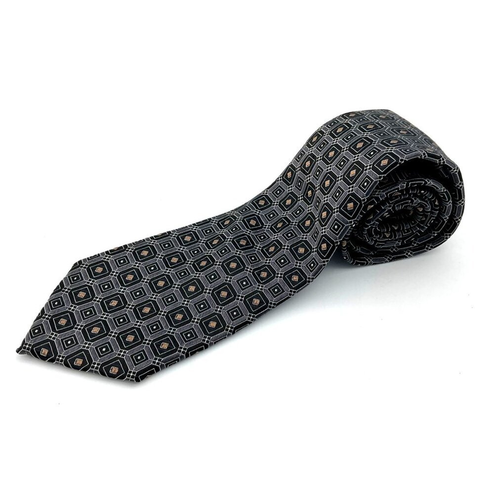 JoS A Bank Reserve 100% Silk Geometric Tie Black Grey Gold Classic